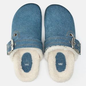 ZARA DENIM BLUE TEDDY CLOGS SZ US 10